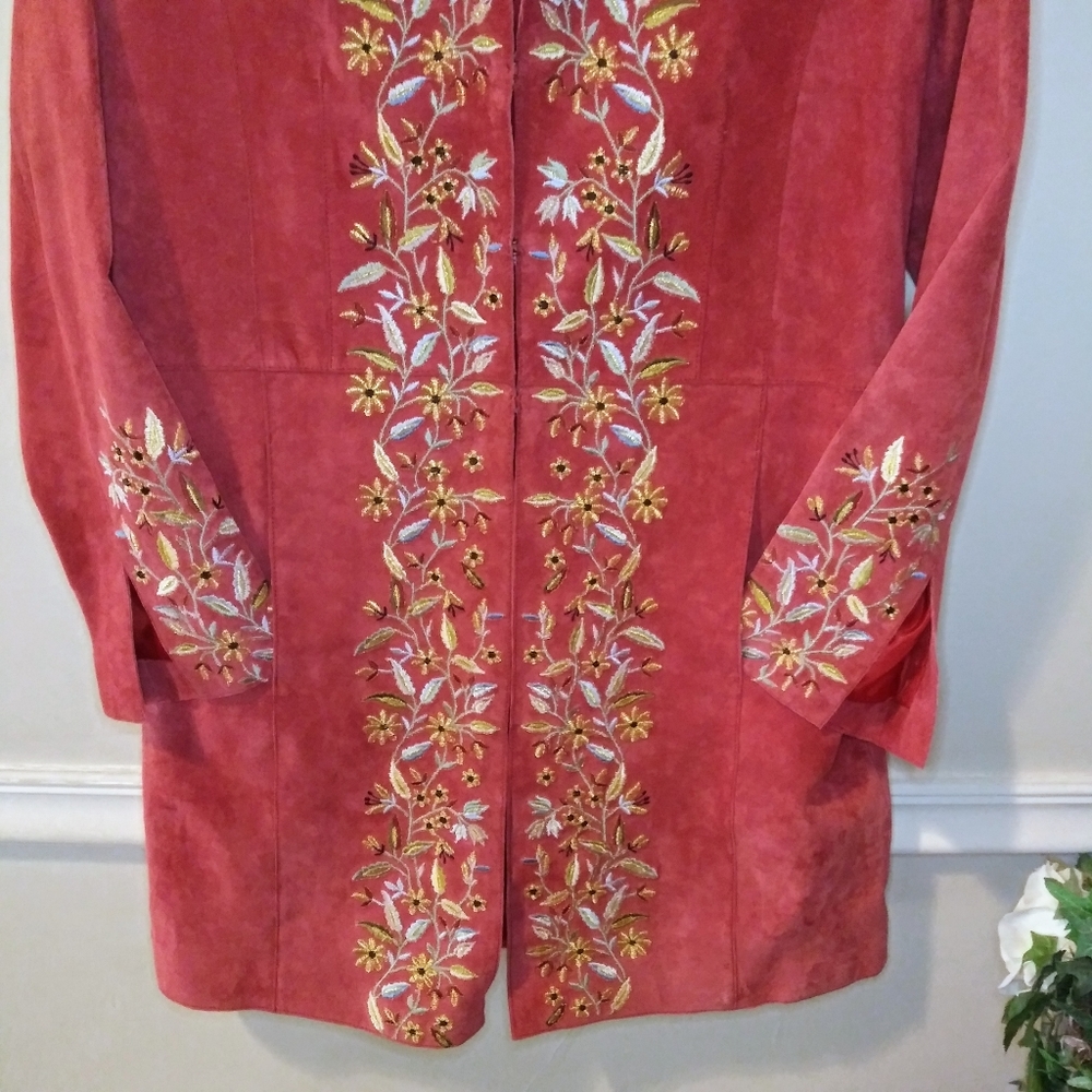 Avanti Boho/Southwestern Brick Red, Floral Embroidered Genuine Suede Coat - Picture 3 of 16